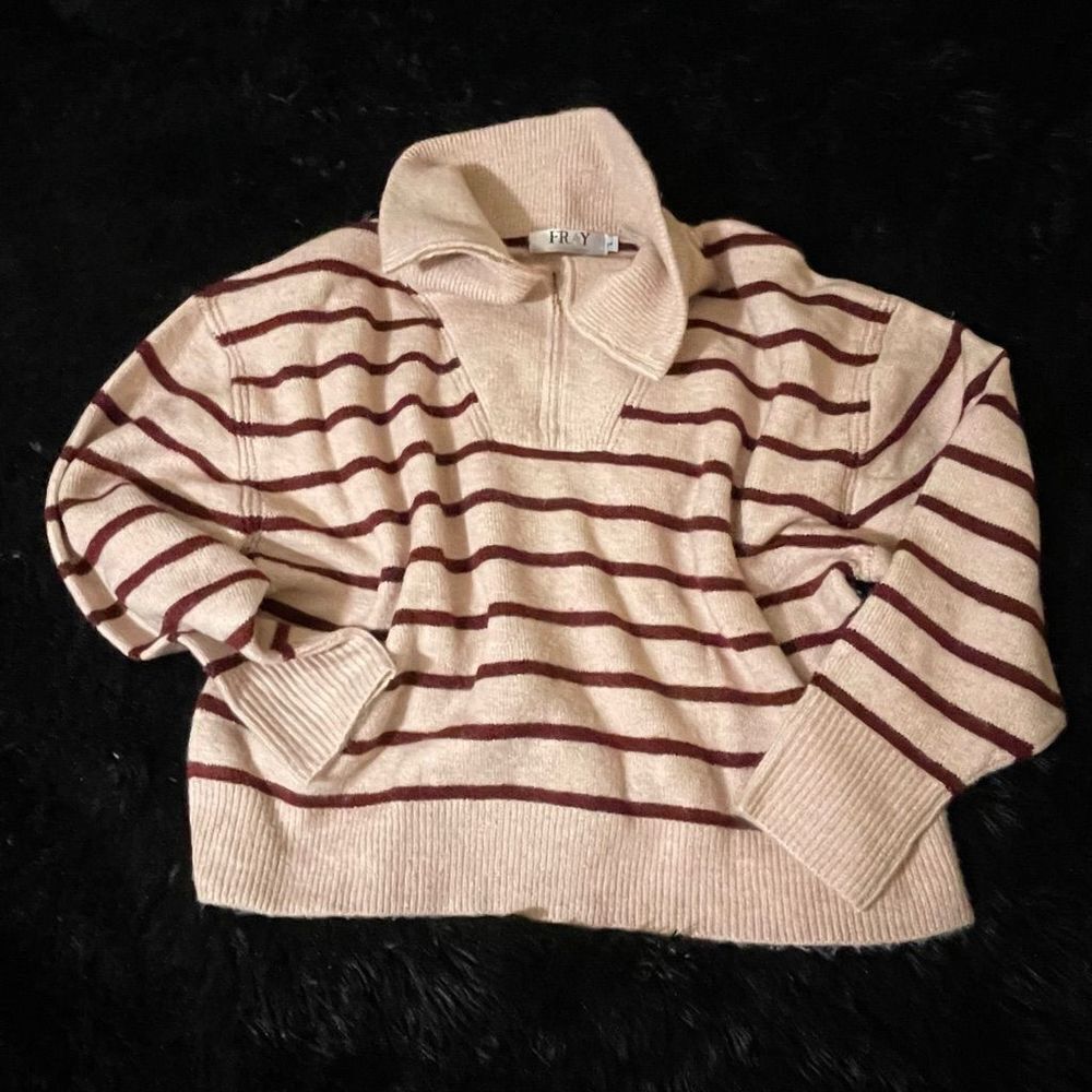 Fray Boutique Cropped Pink with Maroon Stripped Cowl Neck Sweater
